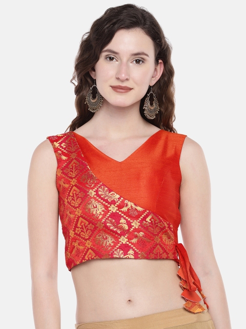 

JustB orange Padded Blouse with ethnic patola brocade overlap