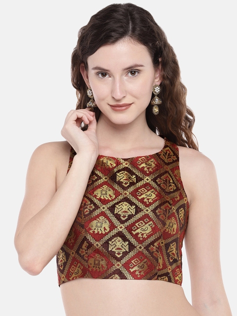 

JustB maroon ethnic patola and slub Silk Round Neck Blouse
