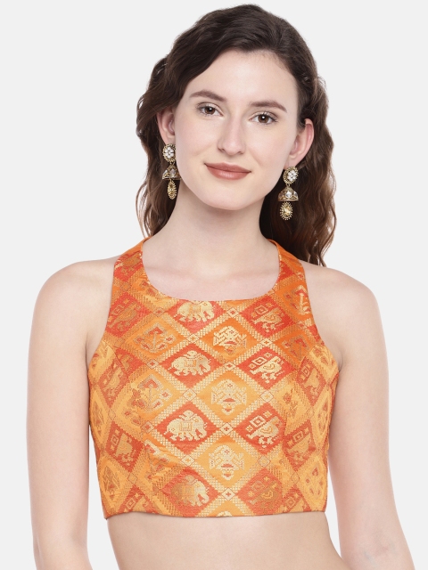 

JustB chandan ethnic patola and slub Silk Round Neck Blouse, Orange