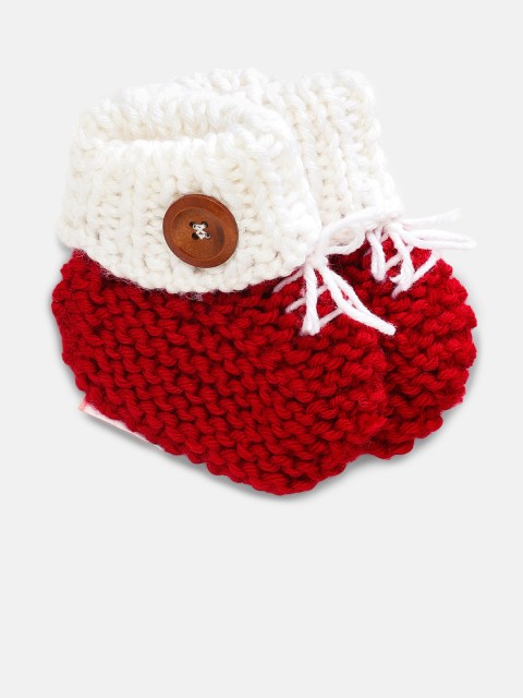 

Magic Needles Boys White Handmade Knit Crochet Woolen Booties, Red