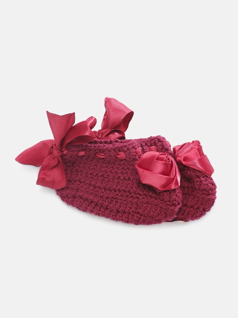 

Magic Needles Girls Maroon Handmade Knit Crochet Woolen Booties with Bow