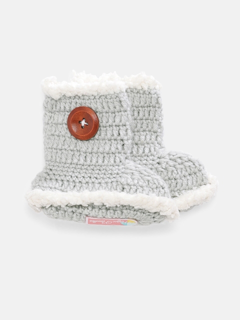 

Magic Needles Boys Grey Handmade Knit Crochet Woolen Booties Full Boots with Button