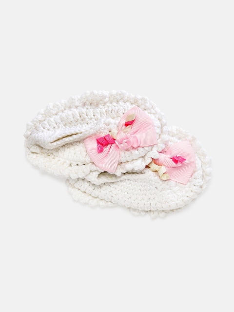 

Magic Needles Girls White & Pink Handmade Knit Crochet Woolen Booties with Bow