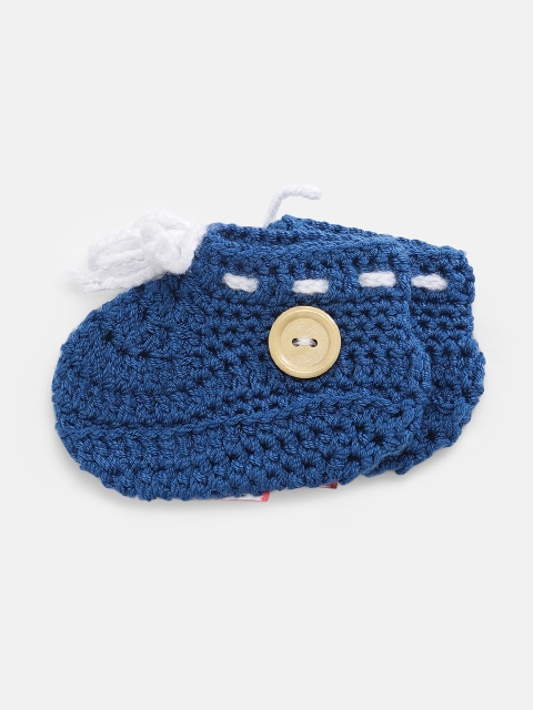 

Magic Needles Boys White Handmade Knit Crochet Woolen Booties with Bow, Blue