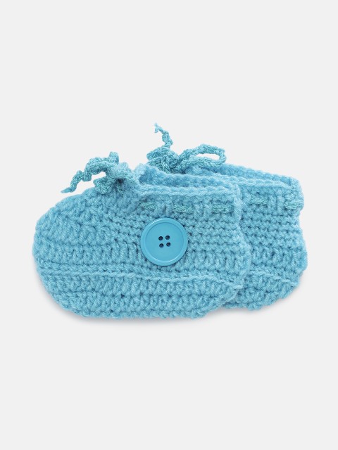 

Magic Needles Boys Blue Handmade Knit Crochet Woolen Ankle Booties with Buttons and Lace