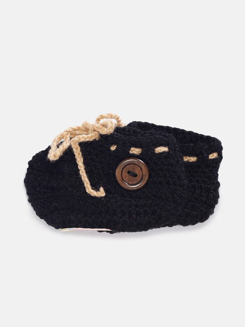 

Magic Needles Boys Black Handmade Knit Crochet Woolen Ankle Booties with Buttons and Lace