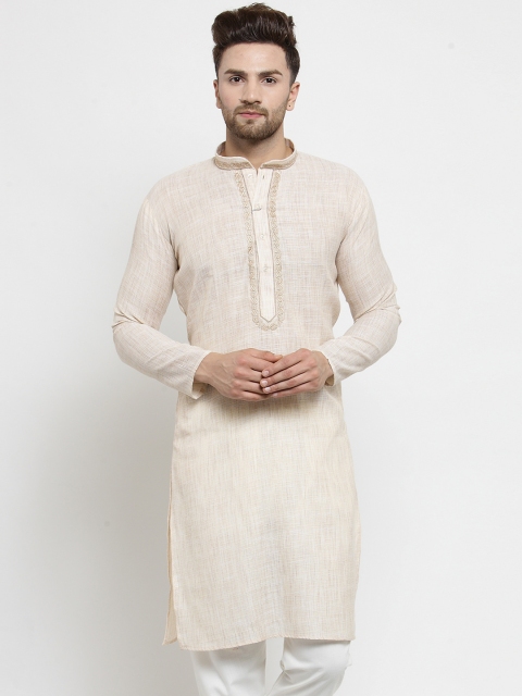 

Jompers Men Cream-Coloured Woven Design Straight Kurta