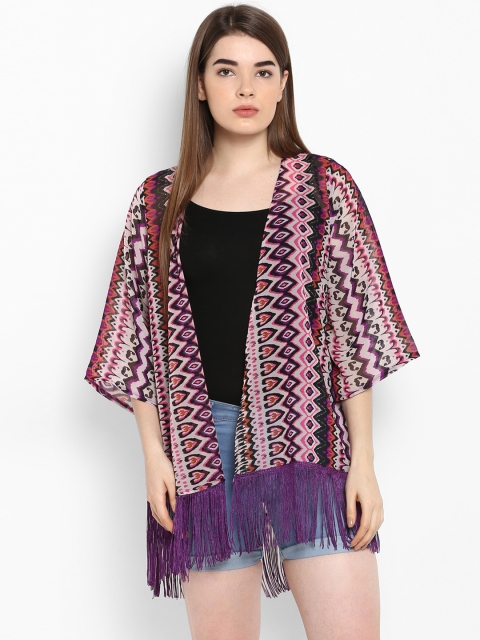 

PURYS Off-White & Multicoloured Printed Open Front Shrug
