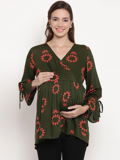 

Mine4Nine Women Olive Green Floral Print A-Line Top