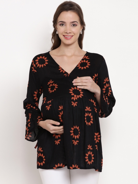 

Mine4Nine Women Black Floral Print A-Line Top
