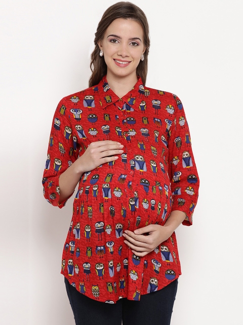 

Mine4Nine Women Red Owl Print Shirt Style Top