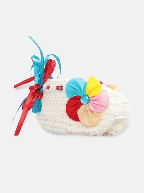

Magic Needles Girls White Handmade Knit Crochet Woolen Booties with Applique Details