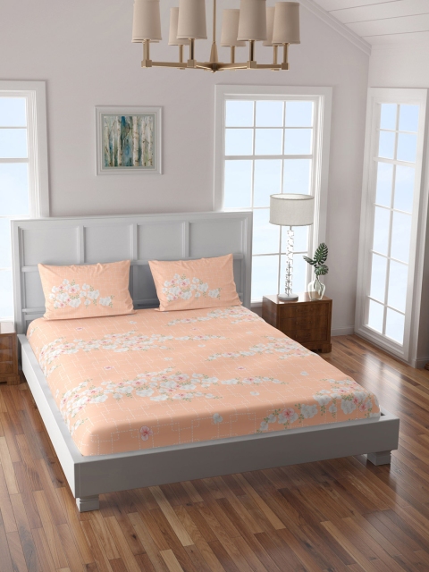 

SPACES Orange Floral 210 TC Cotton 1 King Bedsheet with 2 Pillow Covers