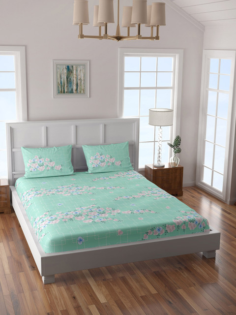 

SPACES Green Printed 144 TC Cotton 1 King Bedsheet with 2 Pillow Covers