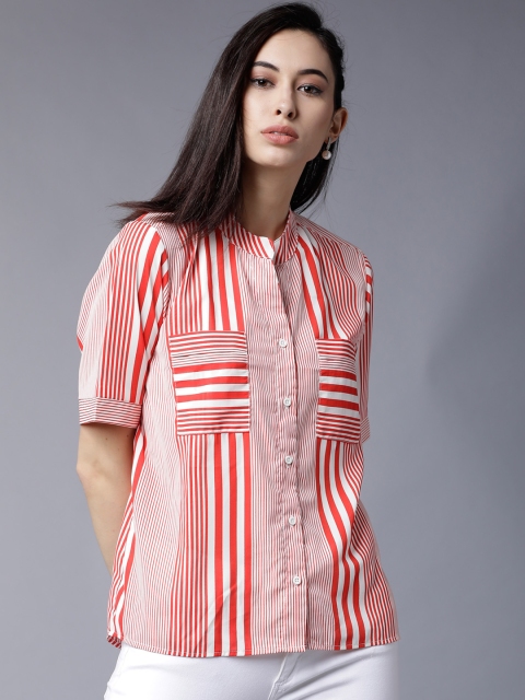 

Tokyo Talkies Women Orange & White Regular Fit Striped Casual Shirt