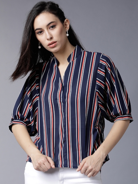 

Tokyo Talkies Women Navy Blue Striped High-Low Top