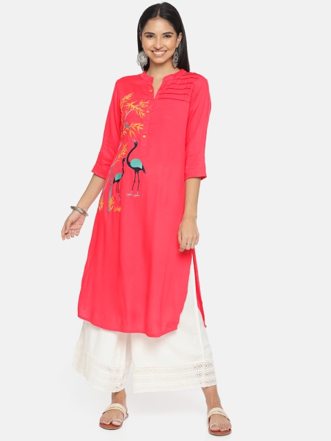 

Alena Women Coral Pink Embroidered Straight Kurta