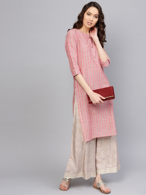 

Varanga Women Peach-Coloured & Green Striped Straight Kurta