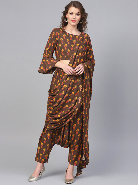 

Ishin Brown & Brown Viscose Rayon Printed Saree