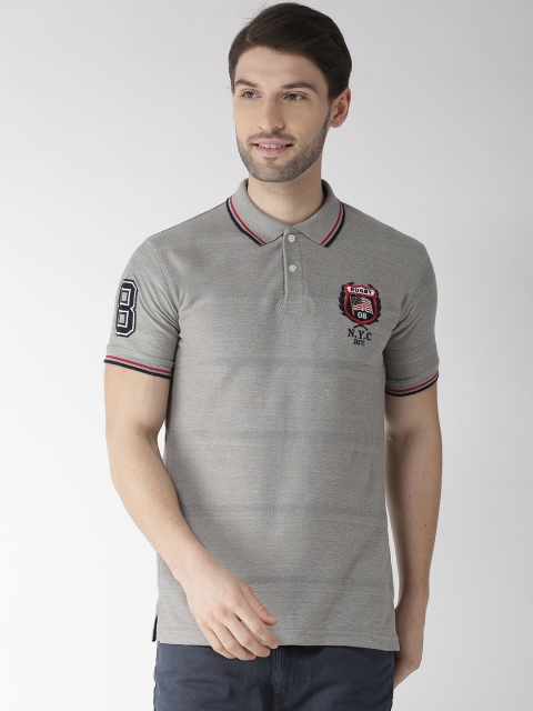 

Richlook Men Grey Self Striped Polo Collar T-shirt