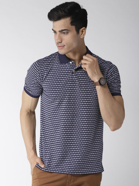 

Richlook Men Navy Blue & White Self-Design Polo Collar T-shirt