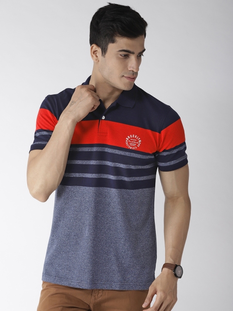 

Richlook Men Navy Blue & Red Striped Polo Collar T-shirt