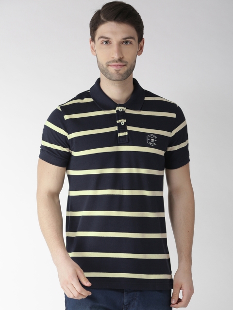

Richlook Men Navy Blue & Yellow Striped Polo Collar T-shirt