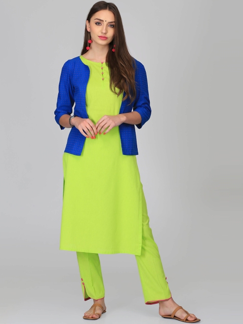 

Abhishti Women Lime Green Colourblocked Straight Kurta