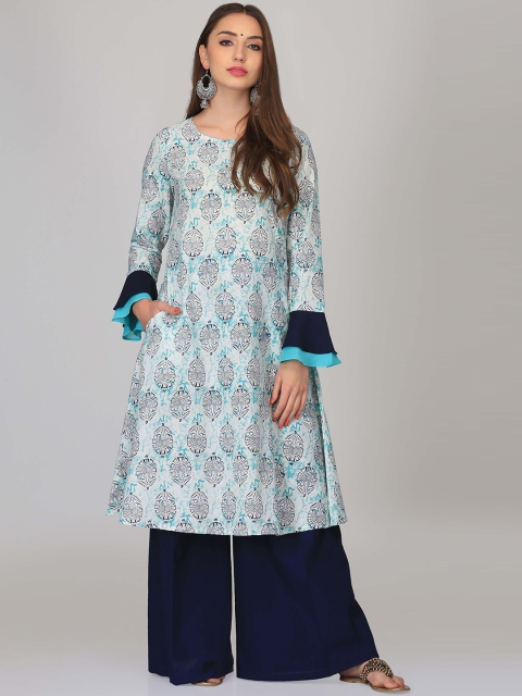 

Abhishti Women Teal Blue Printed A-Line Kurta