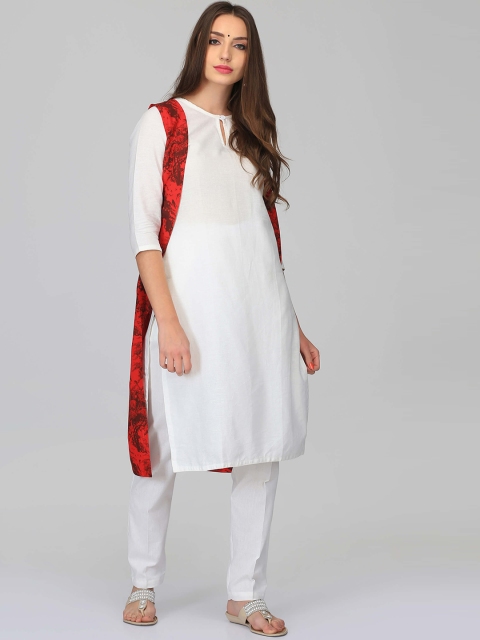 

Abhishti Women White & Maroon Printed Straight Kurta