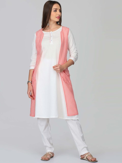 

Abhishti Women White Striped Straight Kurta
