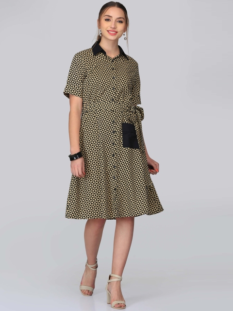 

Abhishti Women Beige Printed Shirt Dress