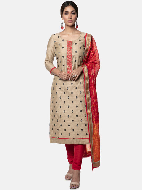 

Soch Women Beige & Red Poly Silk Unstitched Dress Material