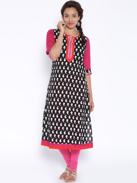 

Desi Weavess Women Black Printed Straight Kurta