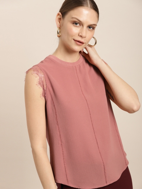 

her by invictus Women Coral Pink Solid Casual Regular Top