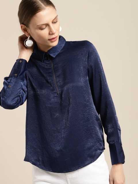 

her by invictus Women Navy Blue Regular Fit Solid Velvet Smart Casual Shirt