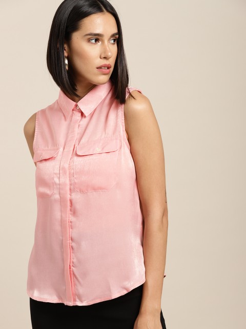 

her by invictus Women Pink Regular Fit Solid Casual Shirt with Velvet Satin Finish