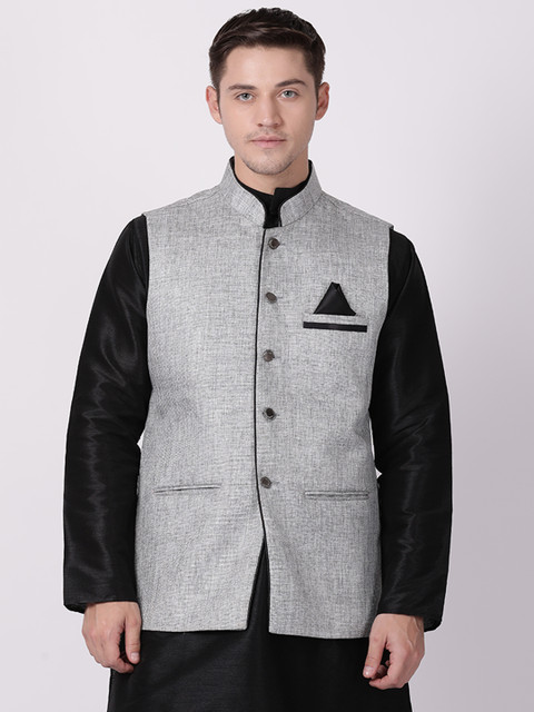 

TABARD Men Silver-Toned Solid Woven Nehru Jacket