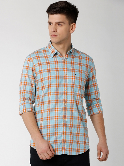 

Peter England Casuals Men Blue & Orange Slim Fit Checked Casual Shirt