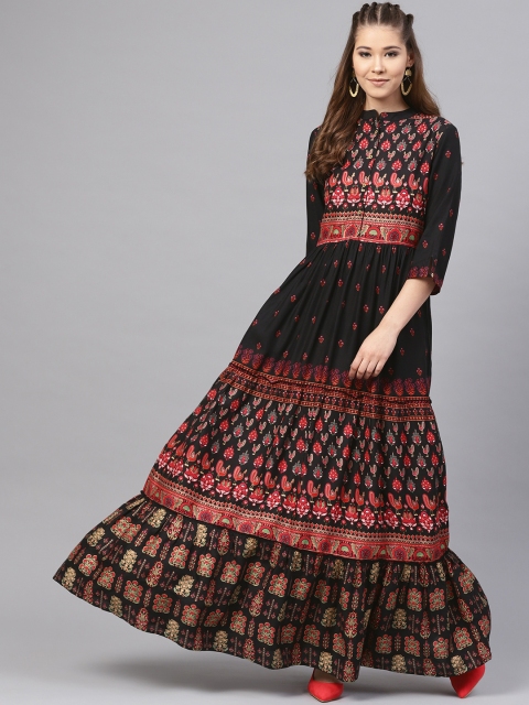 

Juniper Women Black & Maroon Printed Tiered Maxi Dress