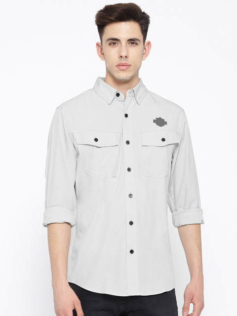 

Harley-Davidson Men Grey & Charcoal Regular Fit Casual Shirt with Printed Back