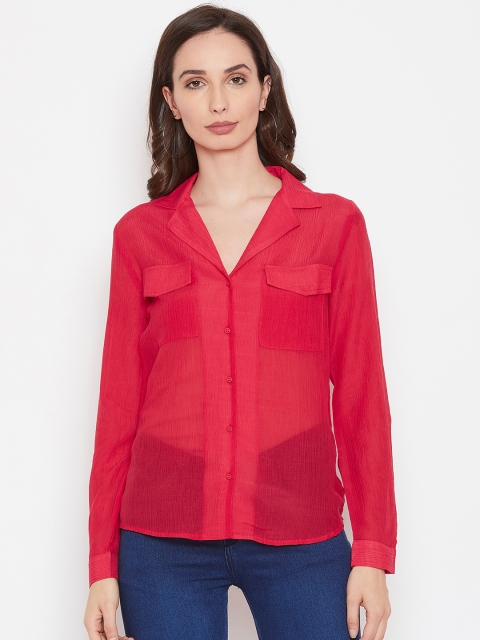 

I AM FOR YOU Women Red Regular Fit Semi Sheer Solid Casual Shirt