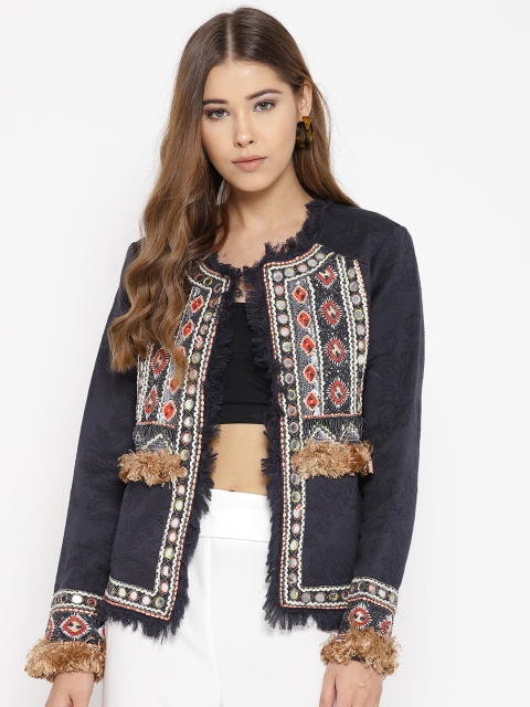 

I AM FOR YOU Women Navy Blue Self Design Open Front Jacket