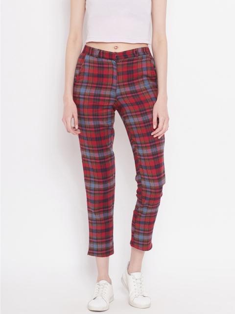 

I AM FOR YOU Women Red & Blue Tailored Fit Checked Cropped Trousers