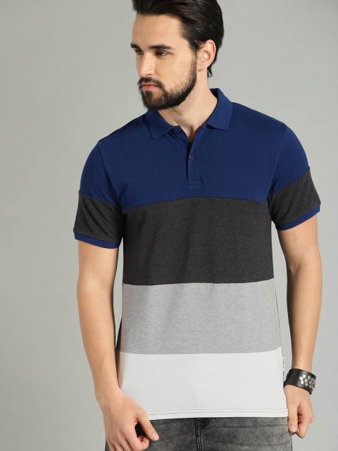 

Roadster Men Blue & Charcoal Black Colourblocked Polo Collar T-shirt