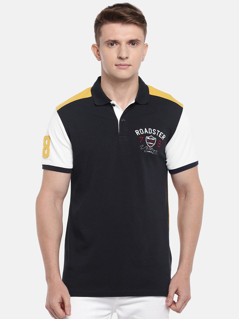 

Roadster Men Navy & Mustard Yellow Colourblocked Polo Collar T-shirt, Navy blue