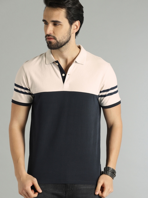 

Roadster Men Off-White & Navy Blue Colourblocked Polo Collar T-shirt