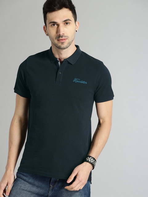 

The Roadster Lifestyle Co Men Navy Blue Solid Polo Collar Pure Cotton T-shirt