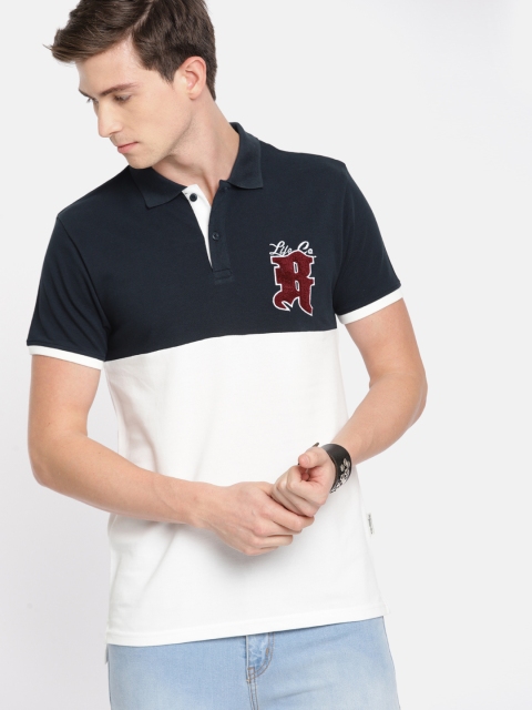

Roadster Men White & Navy Blue Colourblocked Polo Collar T-shirt