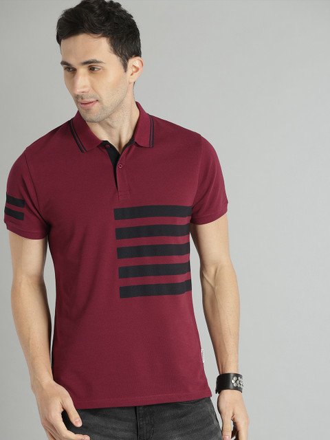 

Roadster Men Maroon & Black Striped Polo Collar T-shirt